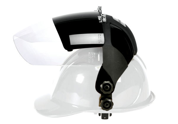 Dual face shield helmets for slotted hard hats